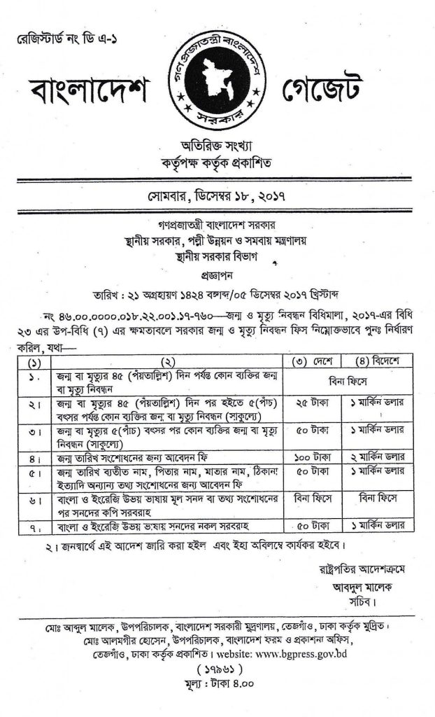 জন্ম নিবন্ধন ফি কত টাকা