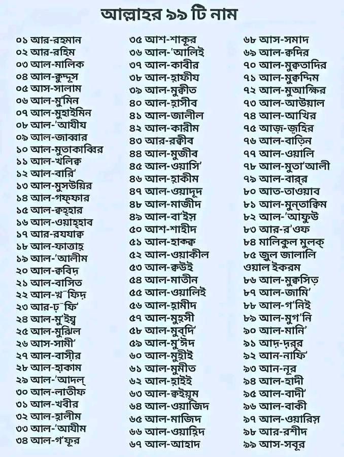 আল্লাহর ৯৯ নাম বাংলা অর্থ সহ ছবি